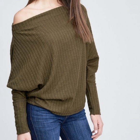 NEW Threadzwear Off the Shoulder Long Sleeve Olive Color Top - Picture 3 of 15